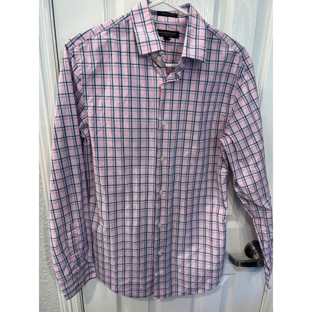 Banana Republic Button Down Pink Plaid Grant Fit 120s Supima Cotton Shirt Mens S